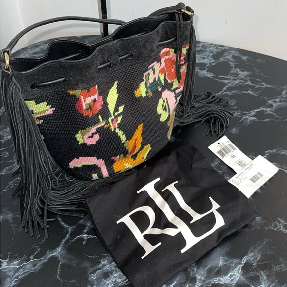 LAUREN RALPH LAUREN Needlepoint Medium Andie Drawstring Crossbody Bag AUTHENTIC - Picture 7 of 15